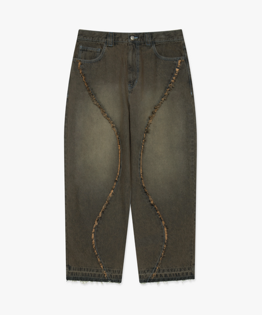 CURVED RAW EDGE DENIM WIDE JEAN DARK BROWN