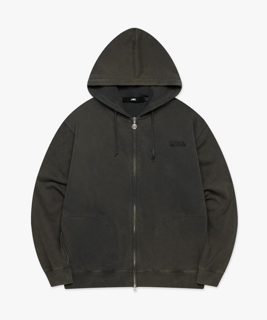 WASHED OG APPLIQUE ZIP UP HOODIE CHARCOAL