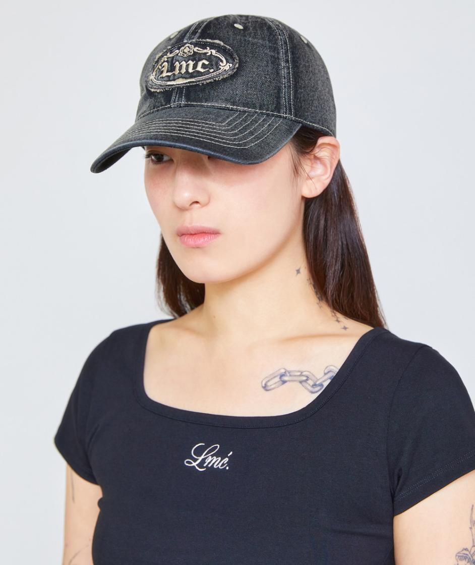 WASHED DENIM GOTHIC OVAL 6PANEL CAP