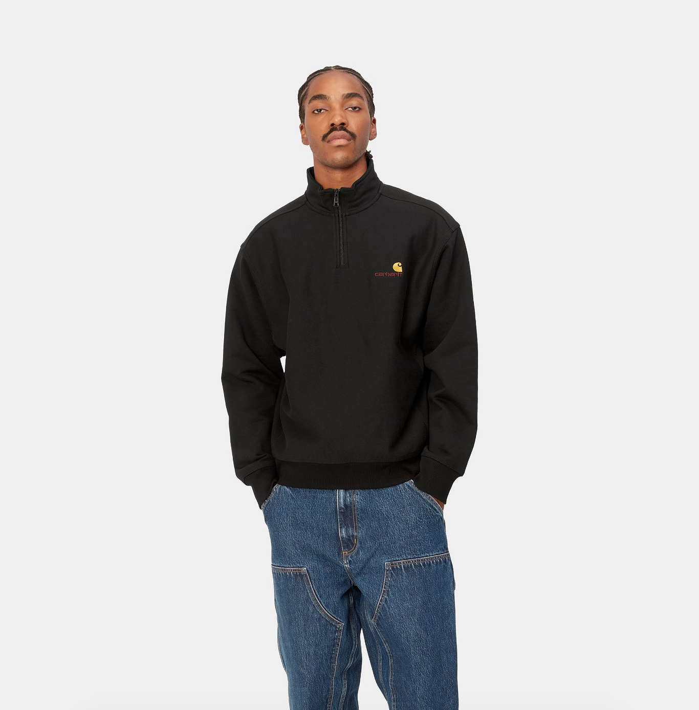 HALF ZIP UP AMERICAN SCRIPT SWEAT BLACK